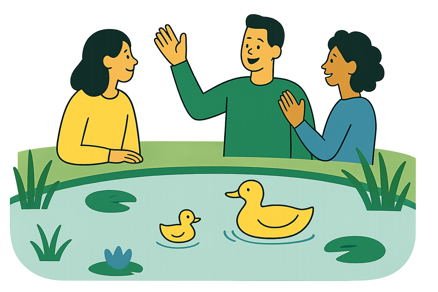 People greeting eachother around a duckpond